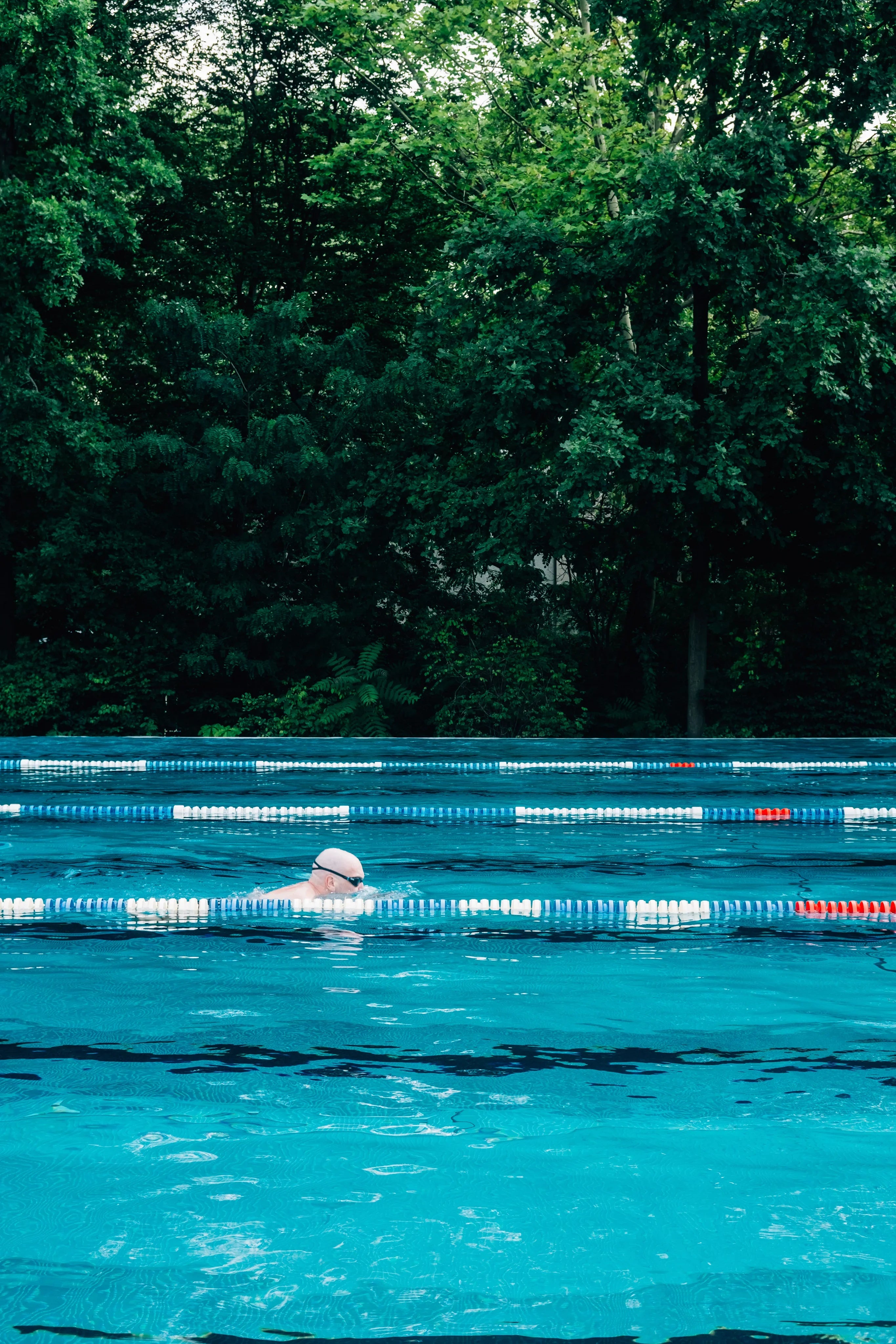 Nageur dans une piscine extérieure entourée d’arbres, couloirs d’eau bien visibles