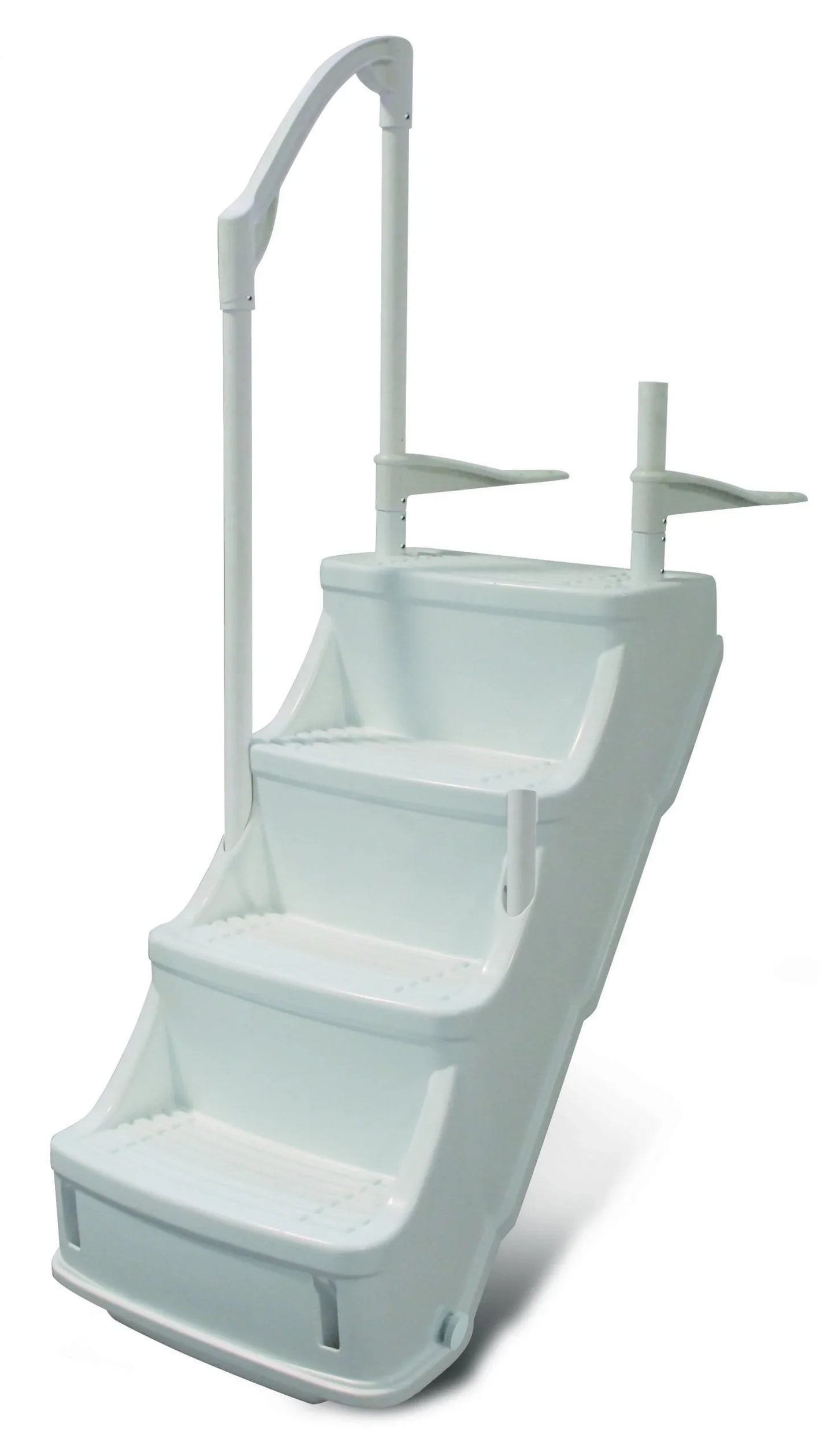 Escalier blanc pour piscine hors-sol avec rampe et marches antidérapantes