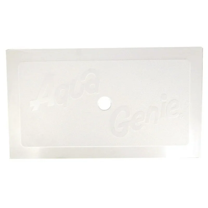 Couvercle rectangulaire blanc pour skimmer de piscine avec inscription Aqua Genie, trou central.