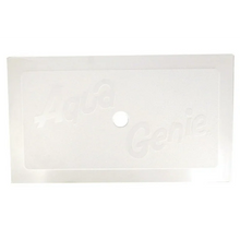 Couvercle rectangulaire blanc pour skimmer de piscine avec inscription Aqua Genie, trou central.