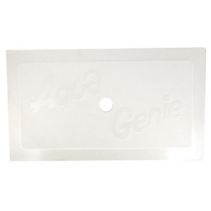 Couvercle rectangulaire blanc pour skimmer de piscine avec inscription Aqua Genie, trou central.