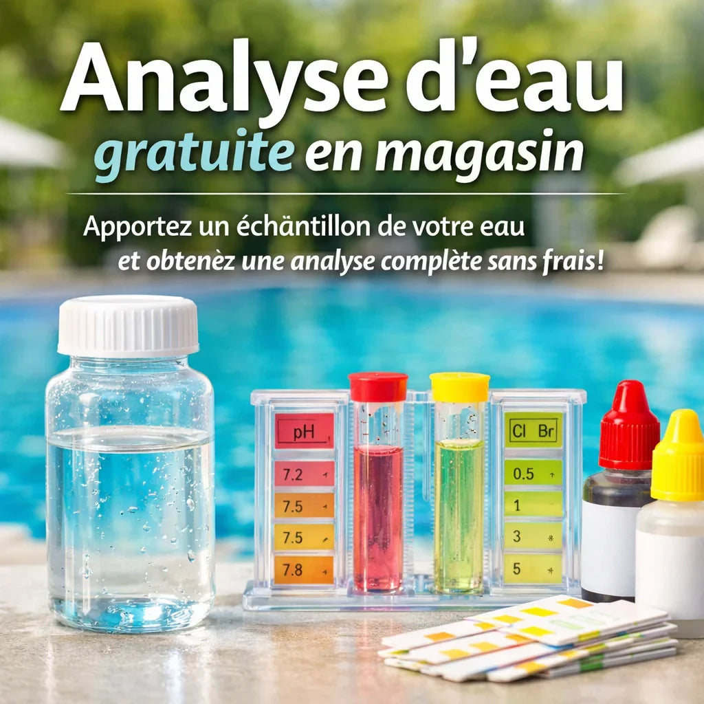 Kit d’analyse d’eau de piscine avec flacons et tests posés au bord d’une piscine