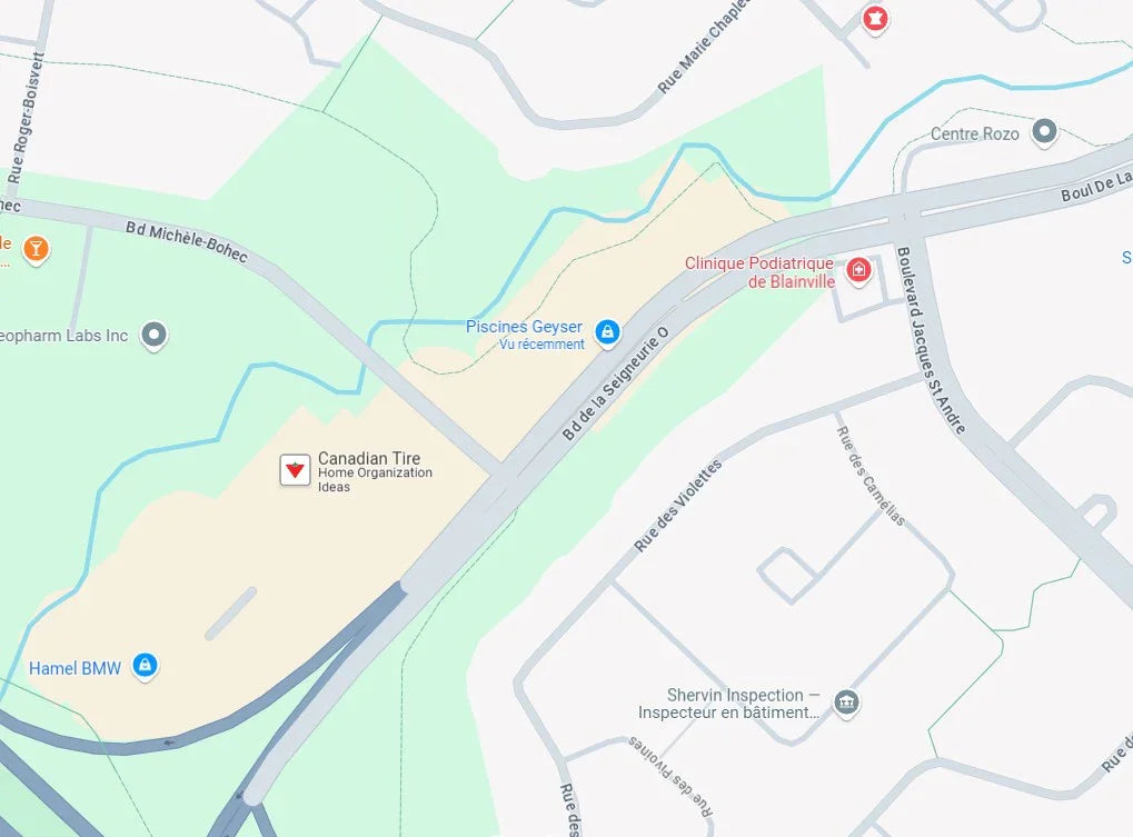 Carte montrant l’emplacement de services de piscines à Blainville près du boulevard Michèle-Bohec
