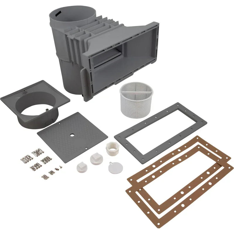 kit de skimmer gris pour piscine avec panier, joints, vis et accessoires d'installation
