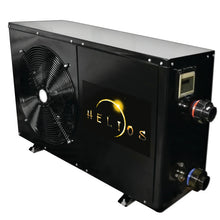 Pompe à chaleur noire pour piscine avec grand ventilateur et prises d'eau