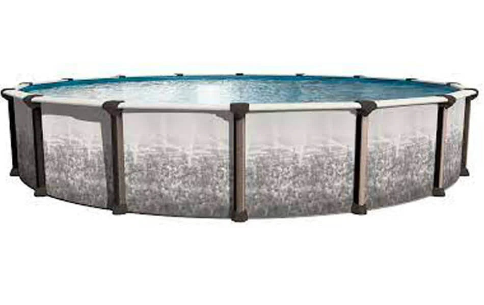 Piscine hors terre ronde avec structure métallique et panneaux décoratifs gris