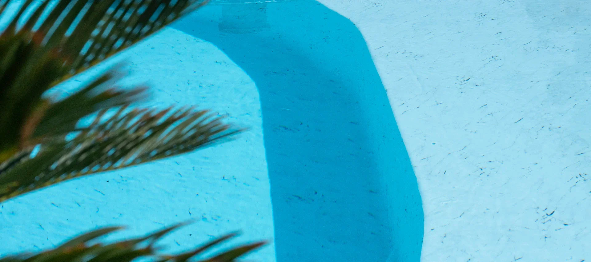 Intérieur d'une piscine bleue avec rampe immergée et palmes au premier plan