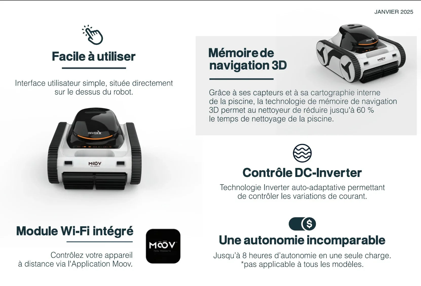 Robot de piscine INVERX, design moderne, roues chenillées, fonctionnalités Wi-Fi et navigation 3D.