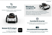 Robot de piscine INVERX, design moderne, roues chenillées, fonctionnalités Wi-Fi et navigation 3D.