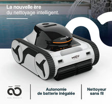Robot nettoyeur de piscine sans fil INVERX, autonomie longue durée, design moderne près d'une piscine.
