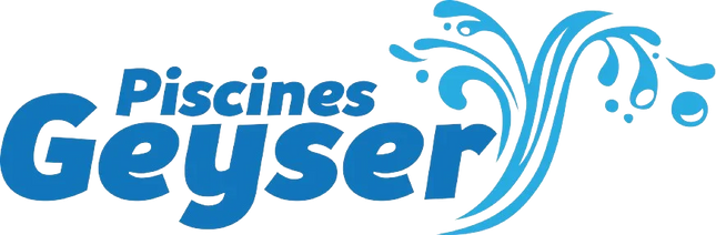 Logo bleu avec texte Piscines Geyser et éclaboussures d'eau, symbole de piscine et d'entretien
