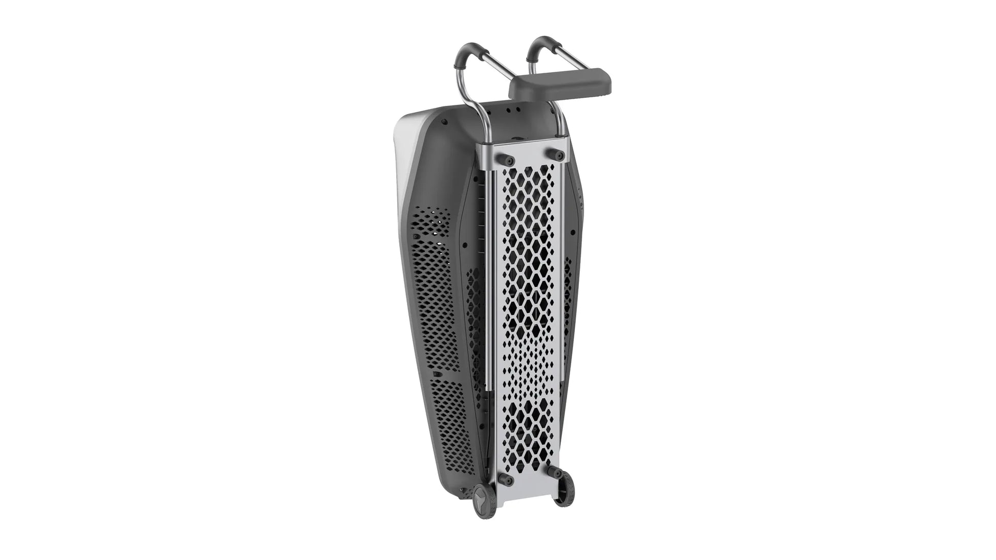 Système de nage à contre-courant Moov Swim Jet Série X, vue arrière montrant la grille d'aspiration, la poignée et les roulettes de transport