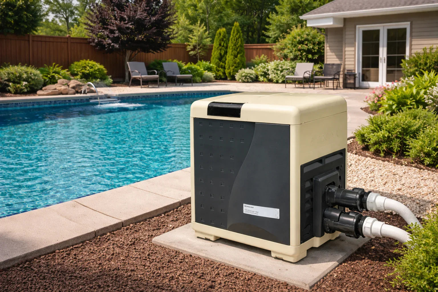 Chauffe-eau gaz pour piscine installé près d'une piscine extérieure, jardin verdoyant