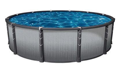 Piscine hors-sol ronde, structure acier gris, eau bleue, idéale pour jardin ou extérieur