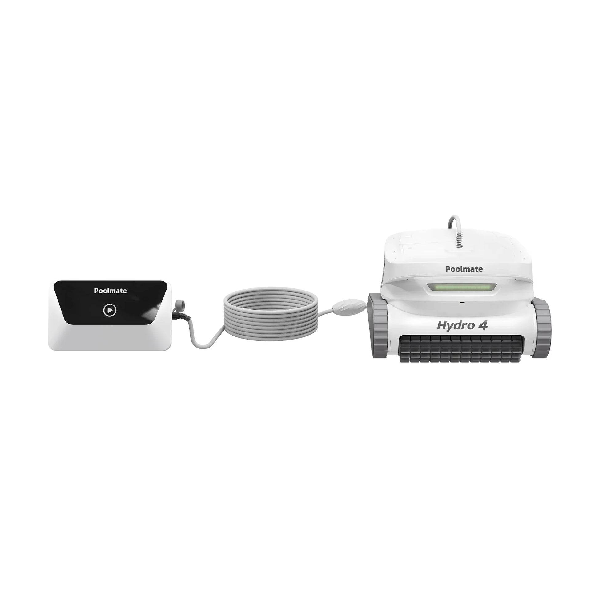 Robot nettoyeur de piscine Hydro 4 blanc avec câble et boîtier de commande, sur fond blanc.