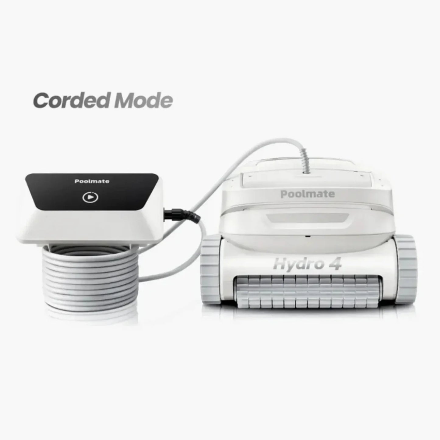 Robot de piscine blanc Poolmate Hydro 4 en mode filaire avec câble et boîtier de commande