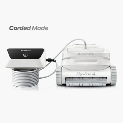 Robot de piscine blanc Poolmate Hydro 4 en mode filaire avec câble et boîtier de commande