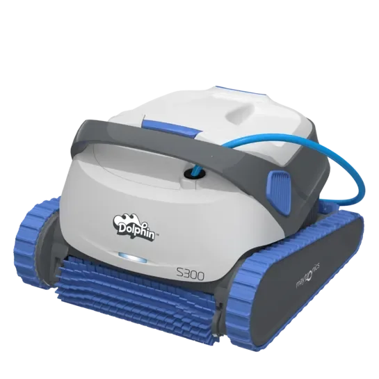 Robot nettoyeur de piscine Dolphin S300 gris et bleu, idéal pour entretien de piscine.