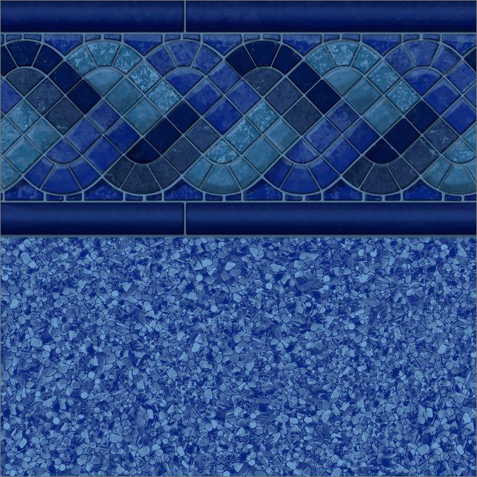 Motif de liner de piscine bleu avec frise mosaïque et fond effet galets, revêtement piscine extérieur