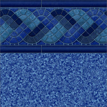 Motif de liner de piscine bleu avec frise mosaïque et fond effet galets, revêtement piscine extérieur