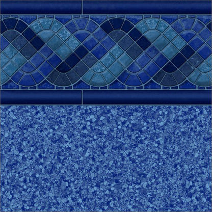Motif de liner de piscine bleu avec frise mosaïque et fond effet galets, revêtement piscine extérieur