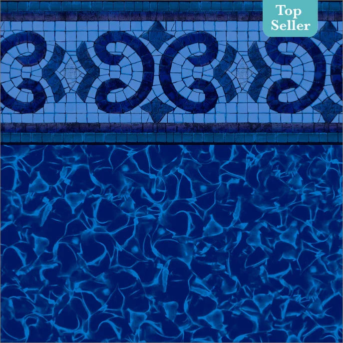 Motif de liner de piscine bleu avec frise mosaïque décorative et effet d'eau réaliste