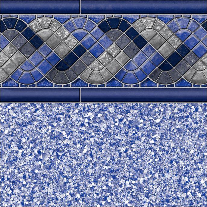 Revêtement de piscine motif mosaïque bleue avec frise ondulée décorative et effet pierre