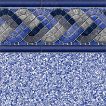 Revêtement de piscine motif mosaïque bleue avec frise ondulée décorative et effet pierre