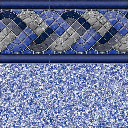 Revêtement de piscine motif mosaïque bleue avec frise ondulée décorative et effet pierre