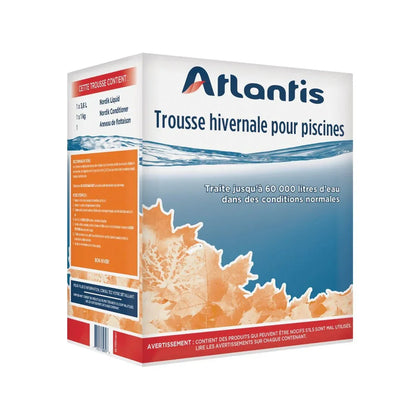 Trousse hivernale pour piscines Atlantis, traite jusqu'à 60 000 litres, boîte bleue avec feuilles d'érable.