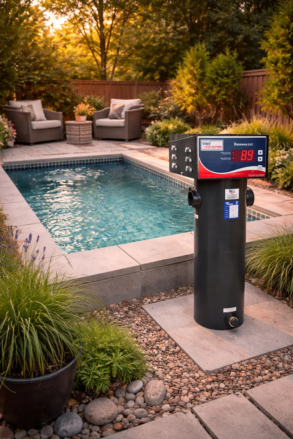 Chauffe-eau de piscine moderne installé près d'une piscine creusée dans un jardin paysager.
